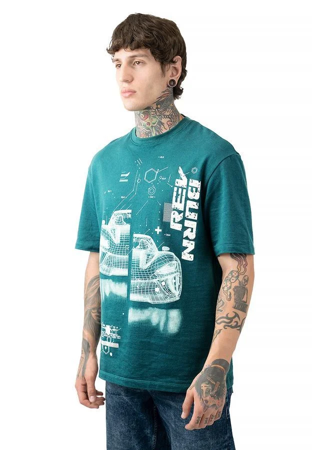 هاي ستار تي شيرت قطن مطبوع برسومات موتو ريسر بياقة دائرية وأكمام قصيرة بقصة مريحة